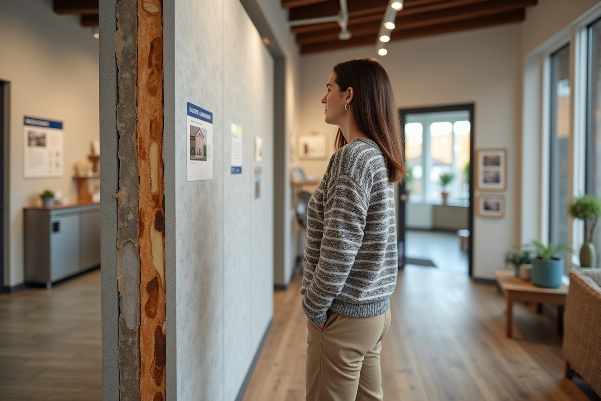 Jeune femme inspectant un mur isolé en showroom intérieur