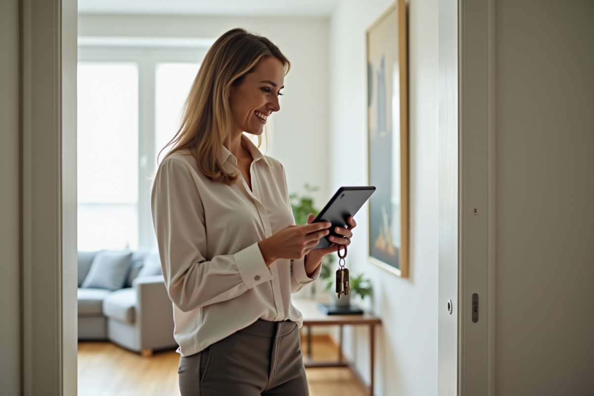 Femme souriante avec clés dans un appartement rénové