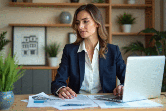 Femme confiante en bureau de maison pour investissement