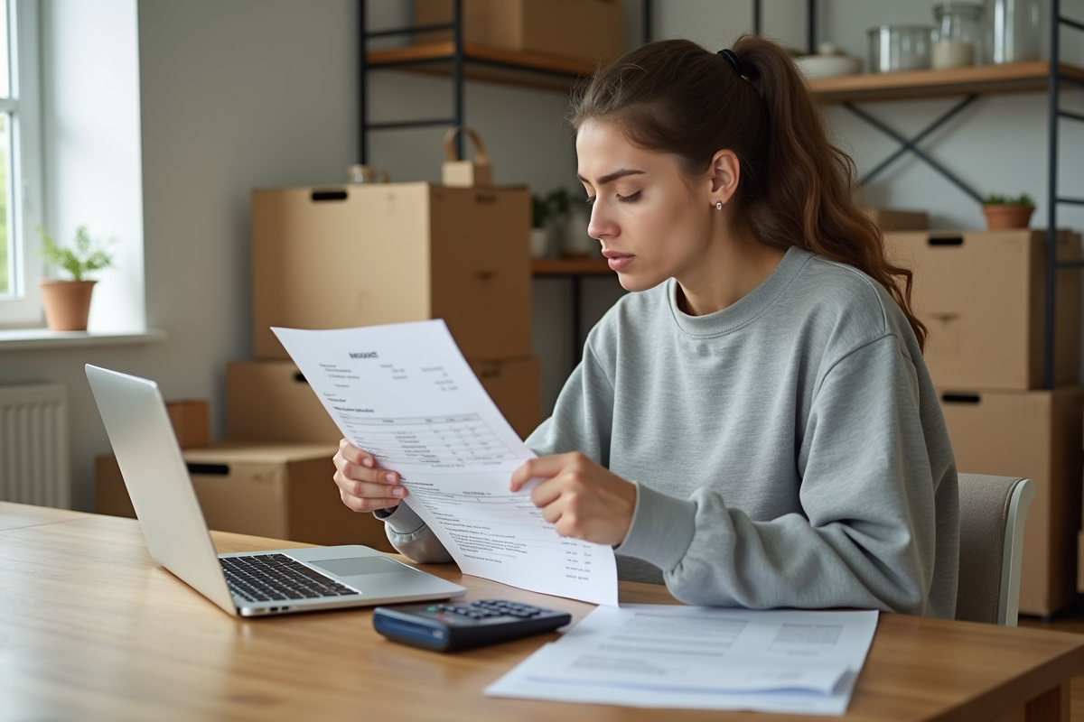 Jeune femme vérifiant des factures de déménagement à la cuisine