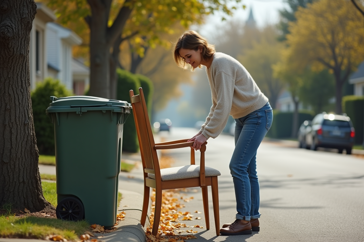 Femme d'âge moyen déposant une chaise en bois près des bacs de recyclage