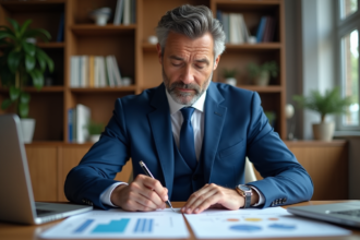 Homme d'affaires en costume bleu dans un bureau moderne