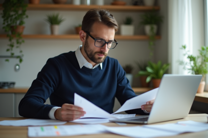 Homme français en train de trier des papiers dans une cuisine moderne