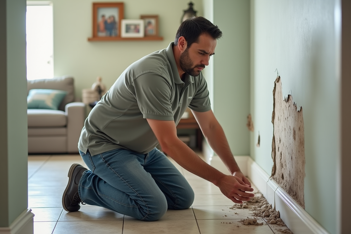 Homme hispanique examine un mur endommagé par l'eau dans un salon