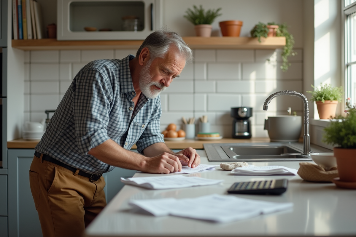 Homme organisant ses papiers dans une cuisine rénovée