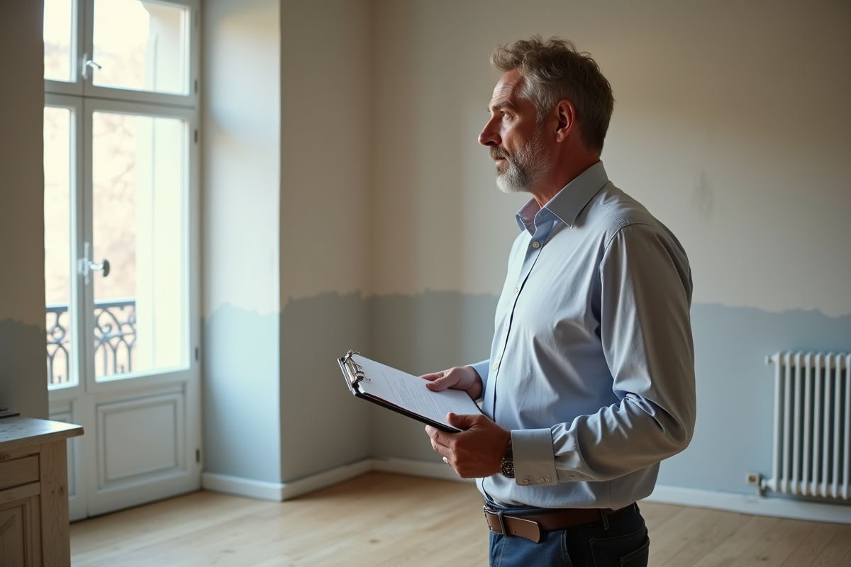 Homme inspectant un salon rénové avec attention
