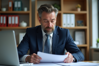Homme en costume navy concentré sur ses documents de rénovation