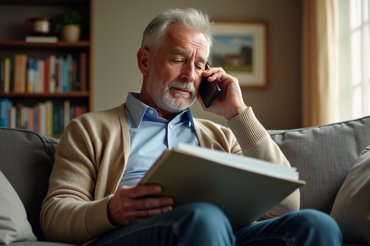 Homme senior parlant au téléphone dans un salon chaleureux et lumineux