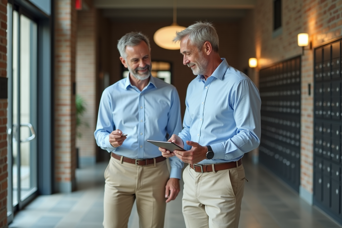 Homme vérifiant un contrat immobilier avec un agent dans un hall