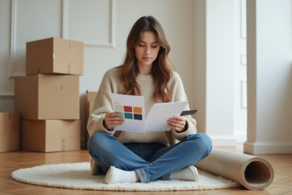 Jeune femme regardant des plans dans un appartement vide