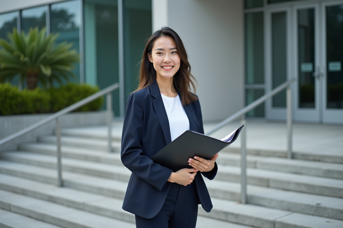 Jeune femme professionnelle debout devant un bâtiment administratif