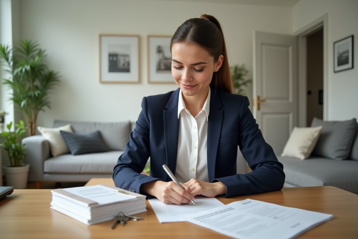 Jeune femme signant un contrat de location dans un appartement lumineux
