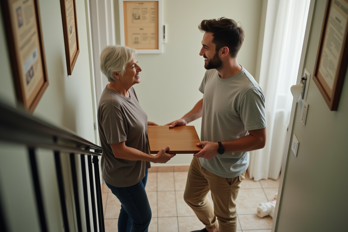 Jeune homme donnant une petite table à un voisin souriant dans un immeuble