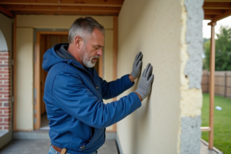 Hommes mesurant l'isolation en laine minérale sur un mur extérieur