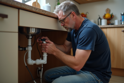 Homme d'âge moyen réparant un siphon sous l'évier de cuisine