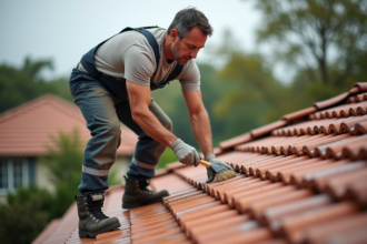 Homme en overalls appliquant un traitement sur toiture en tuiles