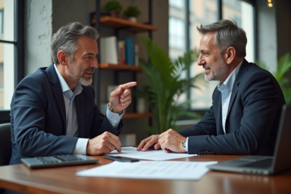 Deux hommes en réunion d'affaires discutant d'un contrat