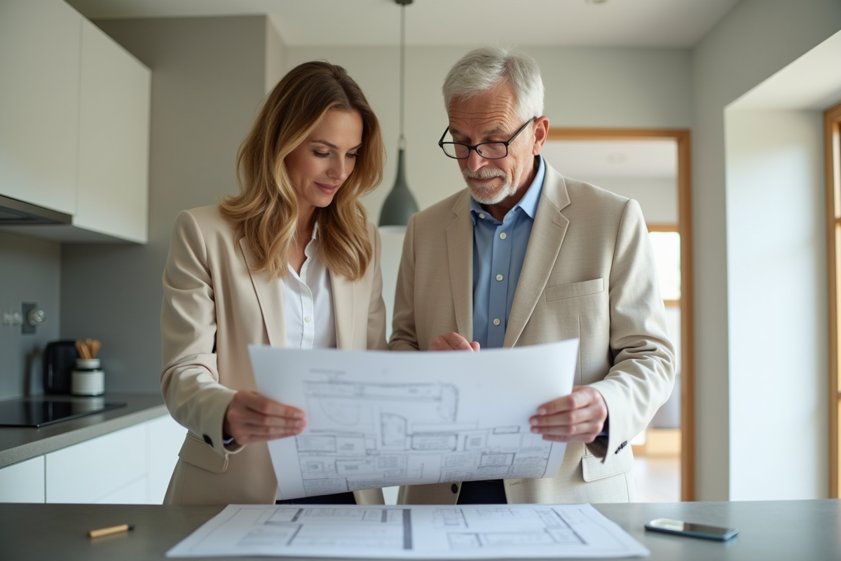 Architecte et propriétaire dans cuisine rénovée