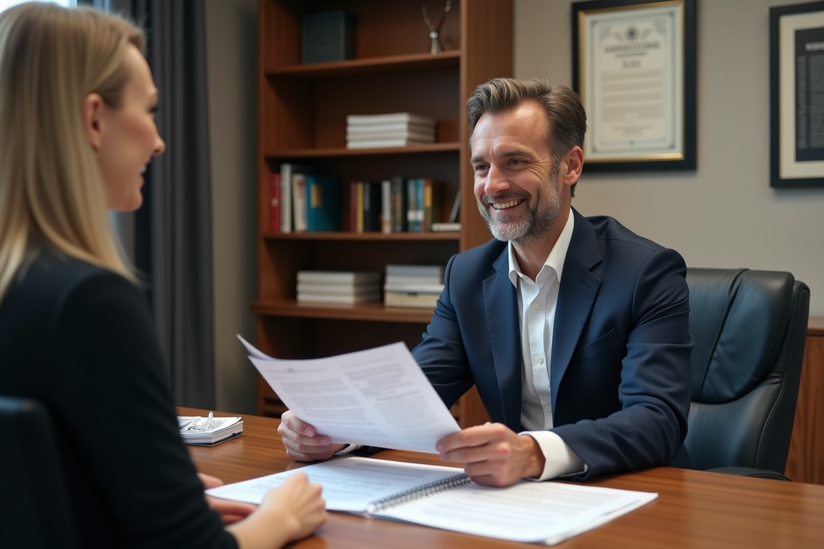 Expert en costume navy remettant un rapport à une femme