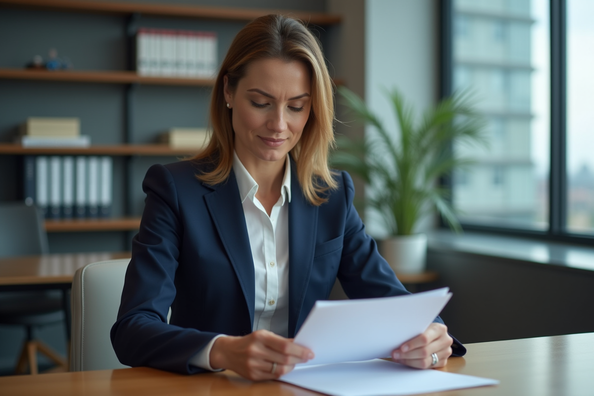 Femme d'affaires en costume bleu examinant des documents