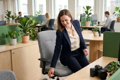 Femme d affaires ajuste sa chaise de bureau ergonomique