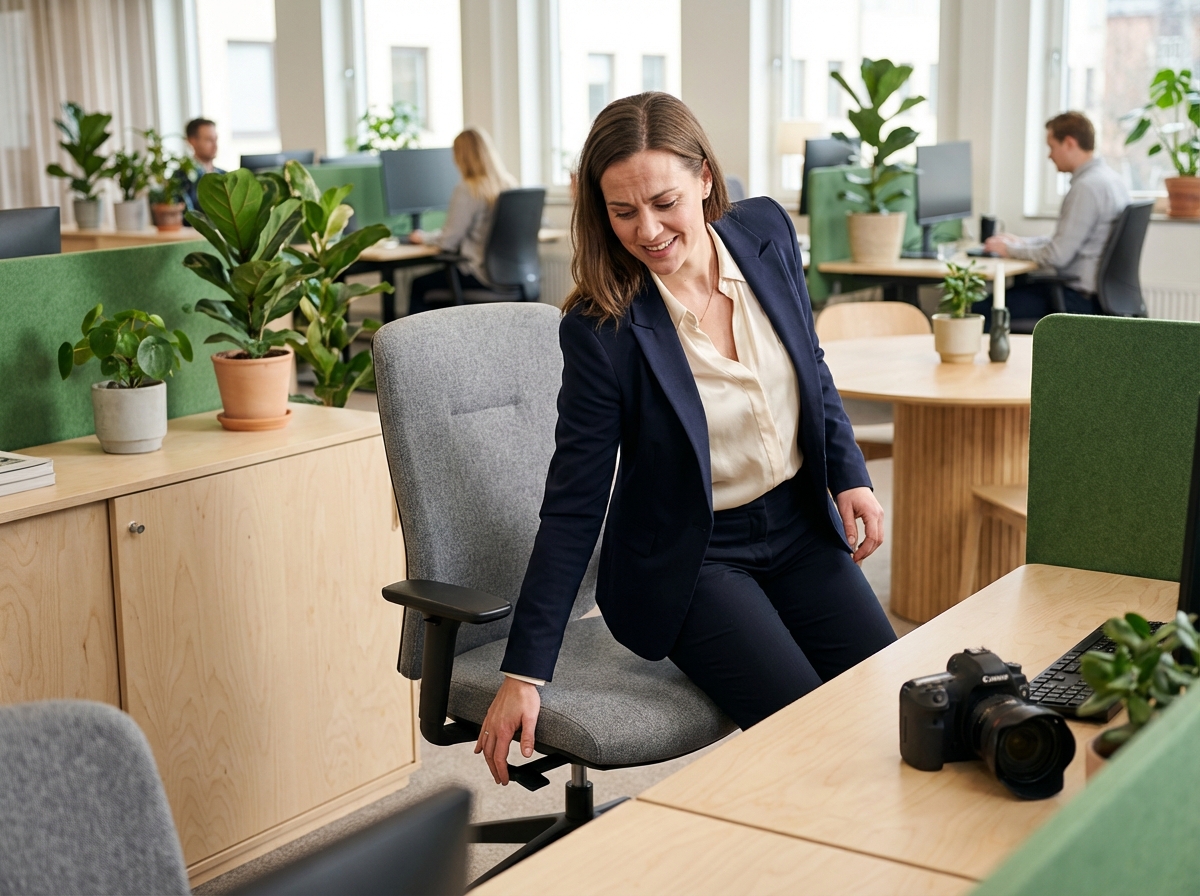 Femme d affaires ajuste sa chaise de bureau ergonomique