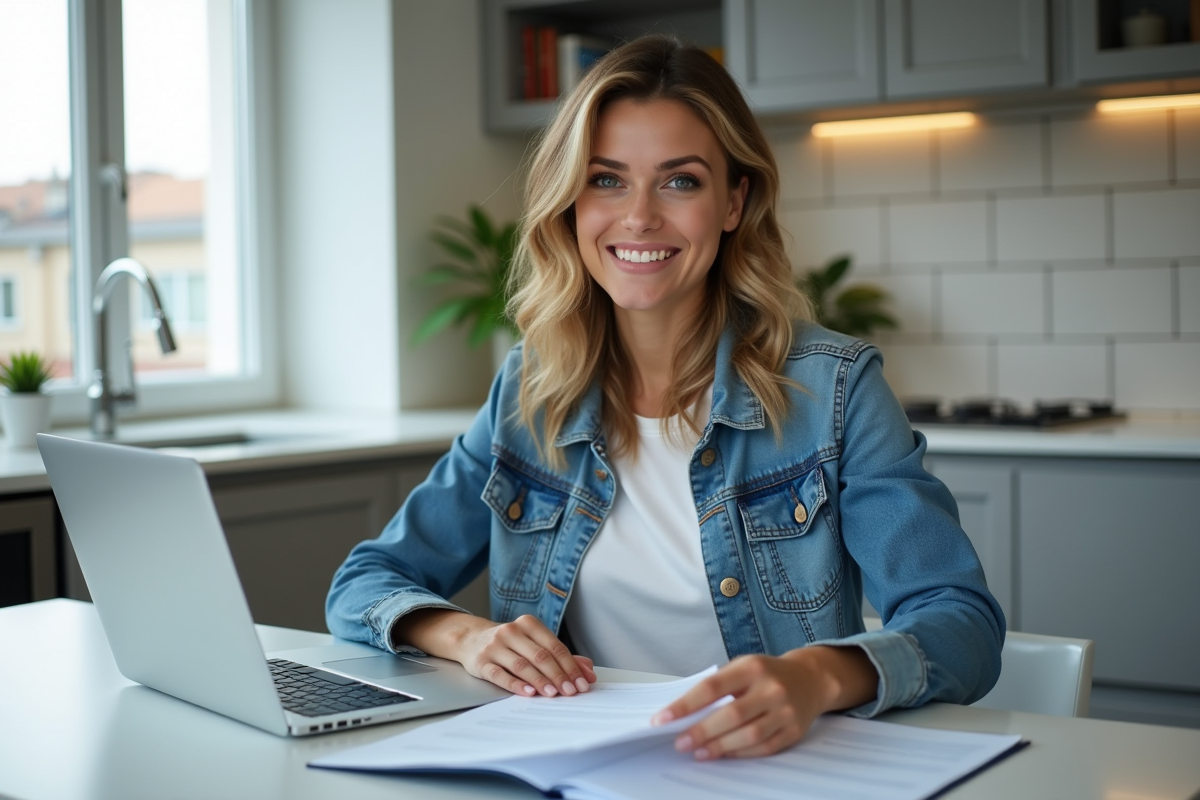 Jeune femme travaillant sur son ordinateur dans la cuisine