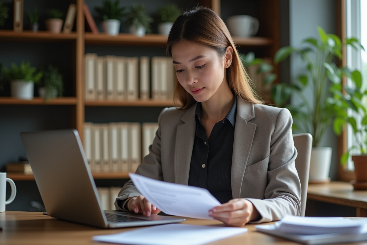 Jeune femme en tenue décontractée tape sur son ordinateur dans un bureau à domicile