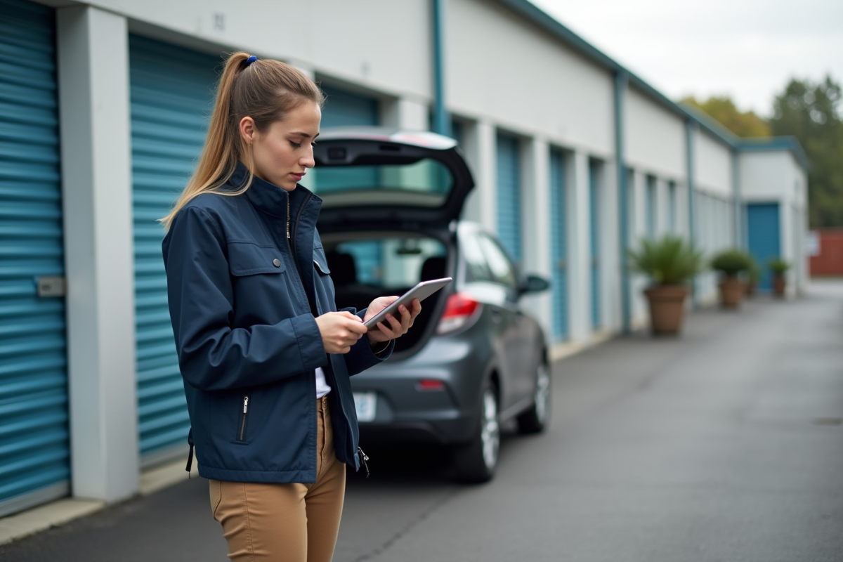 Femme vérifiant un inventaire sur tablette devant un centre de stockage