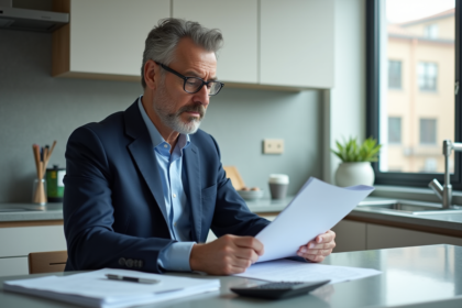 Homme d'affaires en costume bleu examine des papiers dans une cuisine moderne