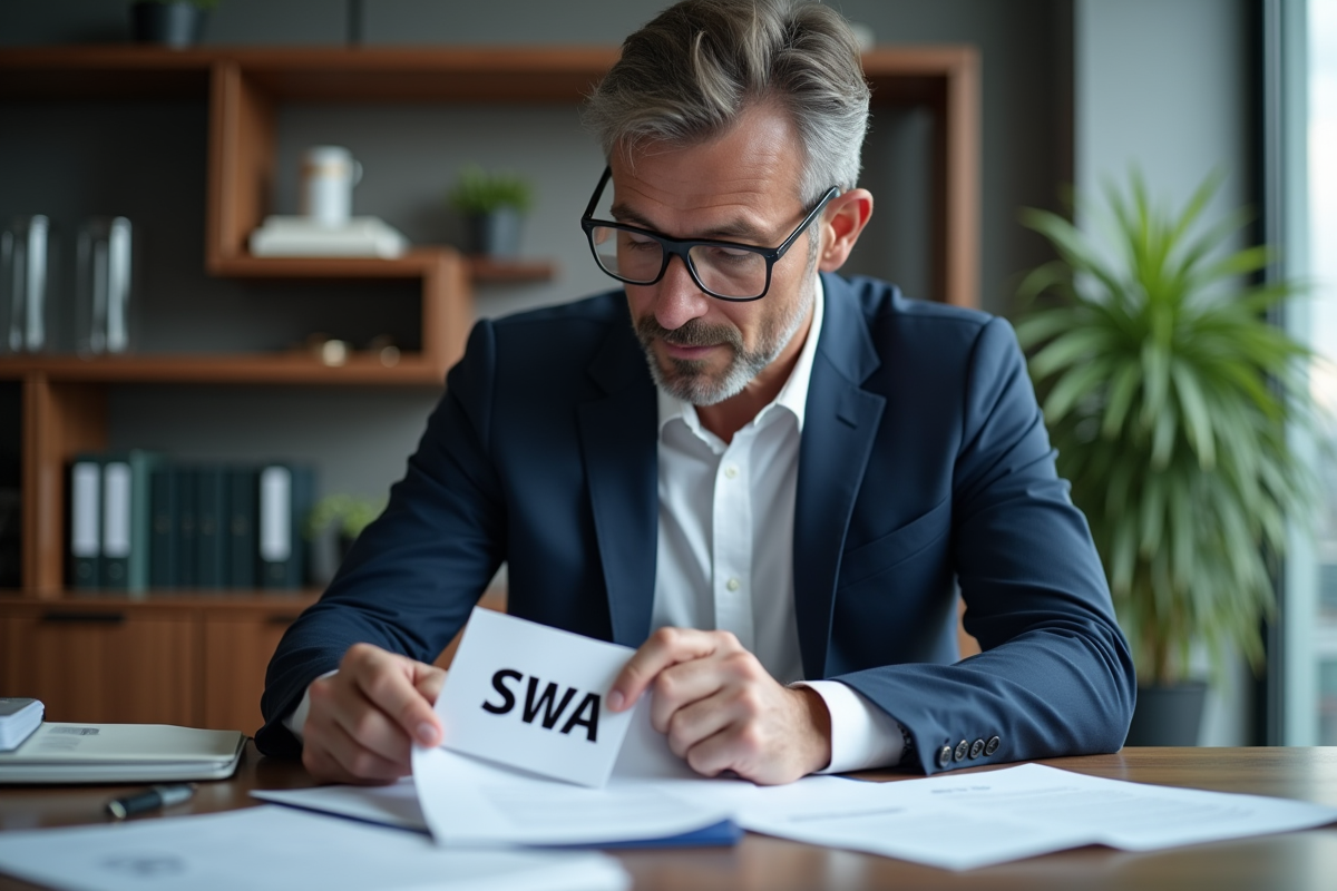 Homme d'affaires en costume vérifiant des documents importants