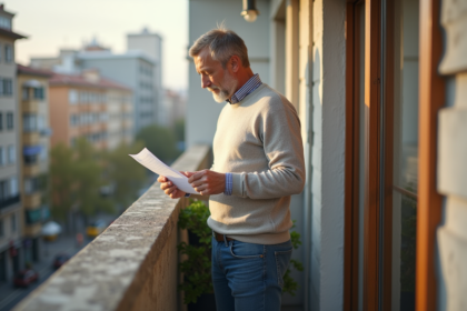Homme d'âge moyen sur balcon lisant des papiers