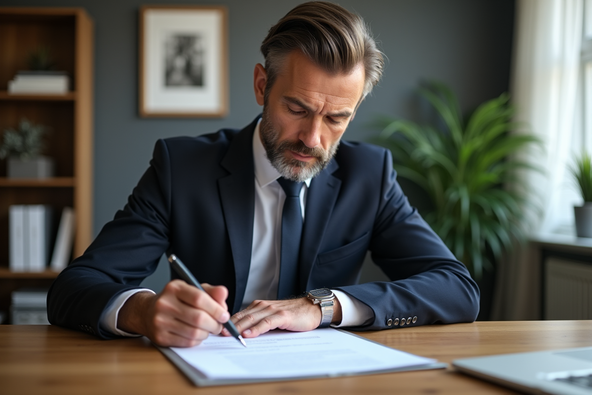 Homme d'affaires relisant un contrat de location dans son bureau