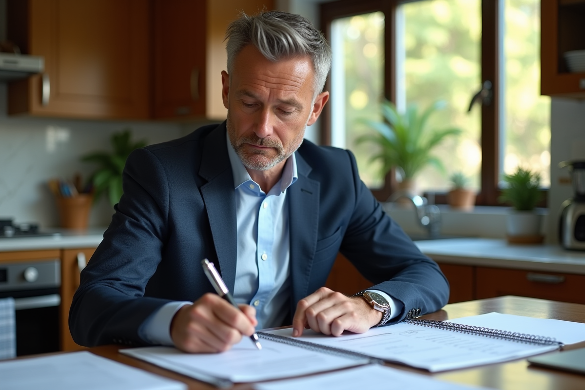 Homme d'affaires examinant un contrat de prêt immobilier