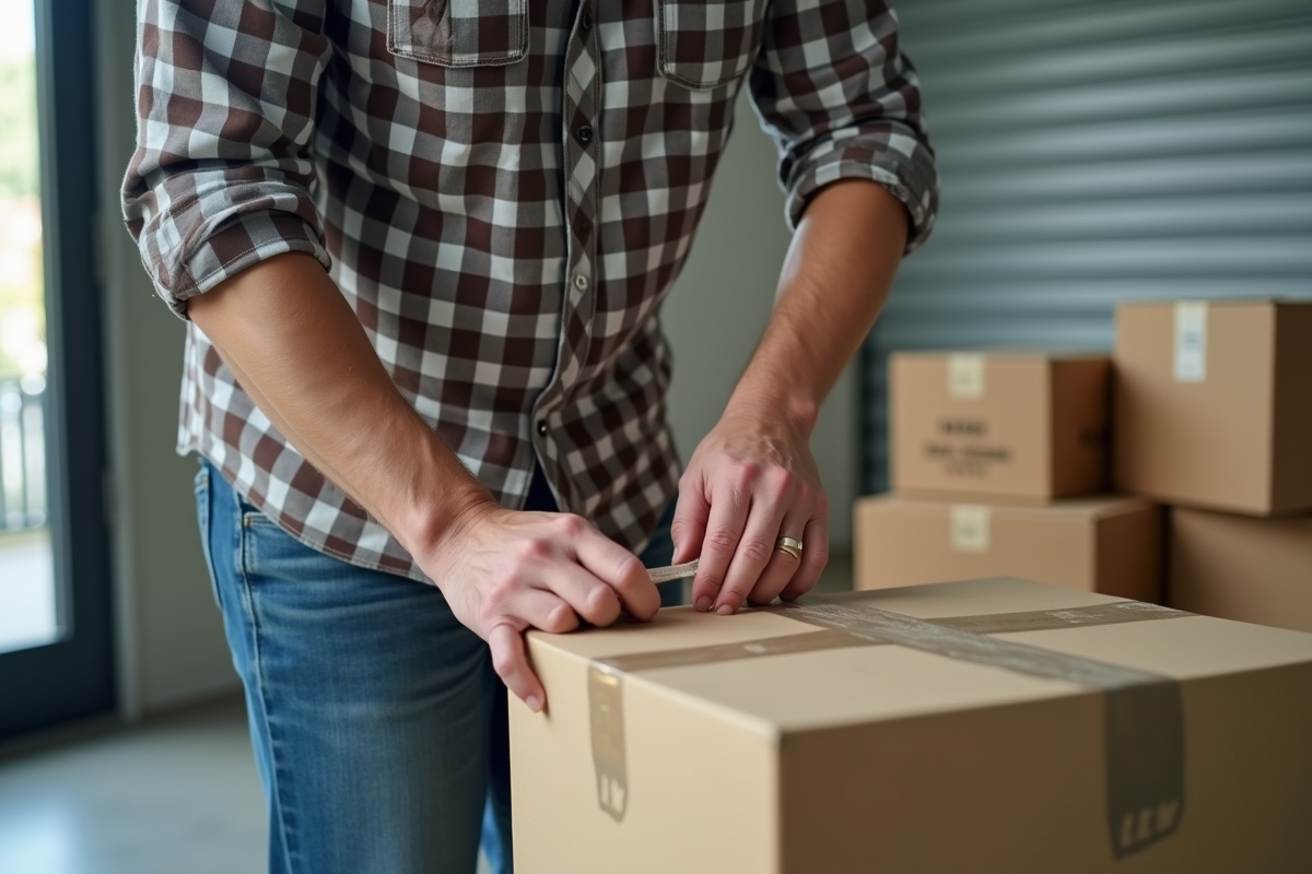 Homme emballant une caisse dans un centre de stockage moderne