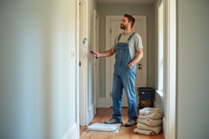 Hommes en overalls peignant un mur dans une maison en rénovation
