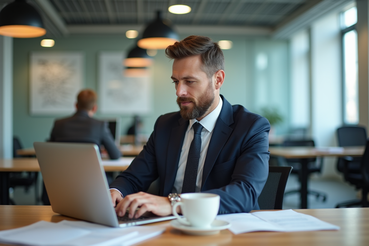 Homme en costume travaillant dans un espace de coworking