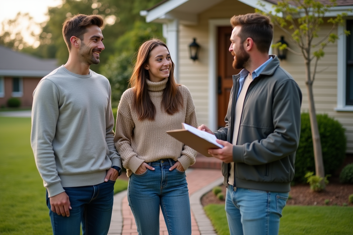 Jeune couple discutant avec agent immobilier devant maison