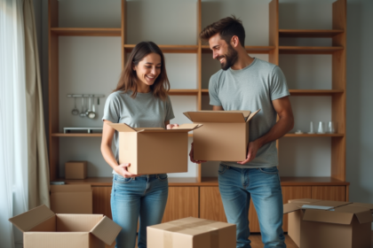 Jeune couple emballant des cartons dans un appartement moderne