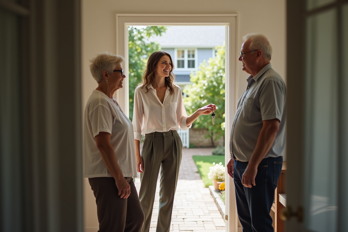 Jeune femme discutant avec un couple devant une maison