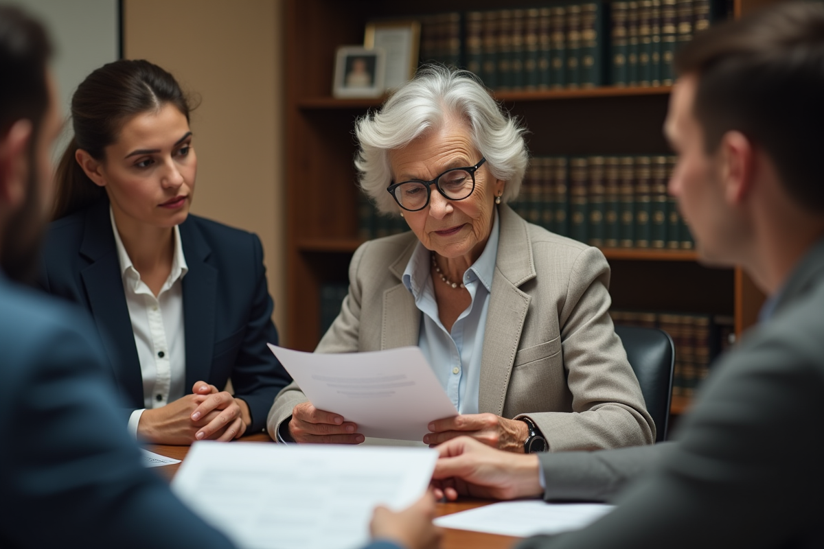 Notaire âgée examinant un rapport avec des clients attentifs