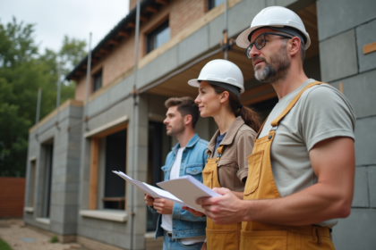 Ouvrier en travaux avec couple devant maison en construction