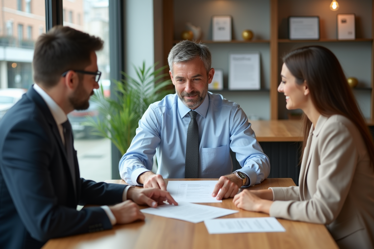 Conseiller bancaire remettant un contrat à un couple