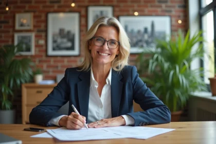 Femme d'affaires confiante examine des documents immobiliers