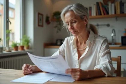 Femme française examinant des documents de logement abordable