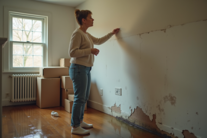 Femme examinant des dégâts d'eau dans un salon inondé