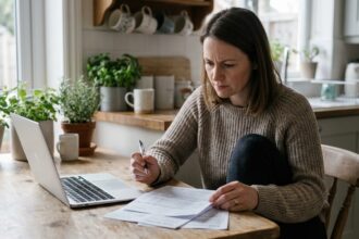 Femme en tenue casual examine ses finances à la maison