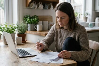 Femme en tenue casual examine ses finances à la maison