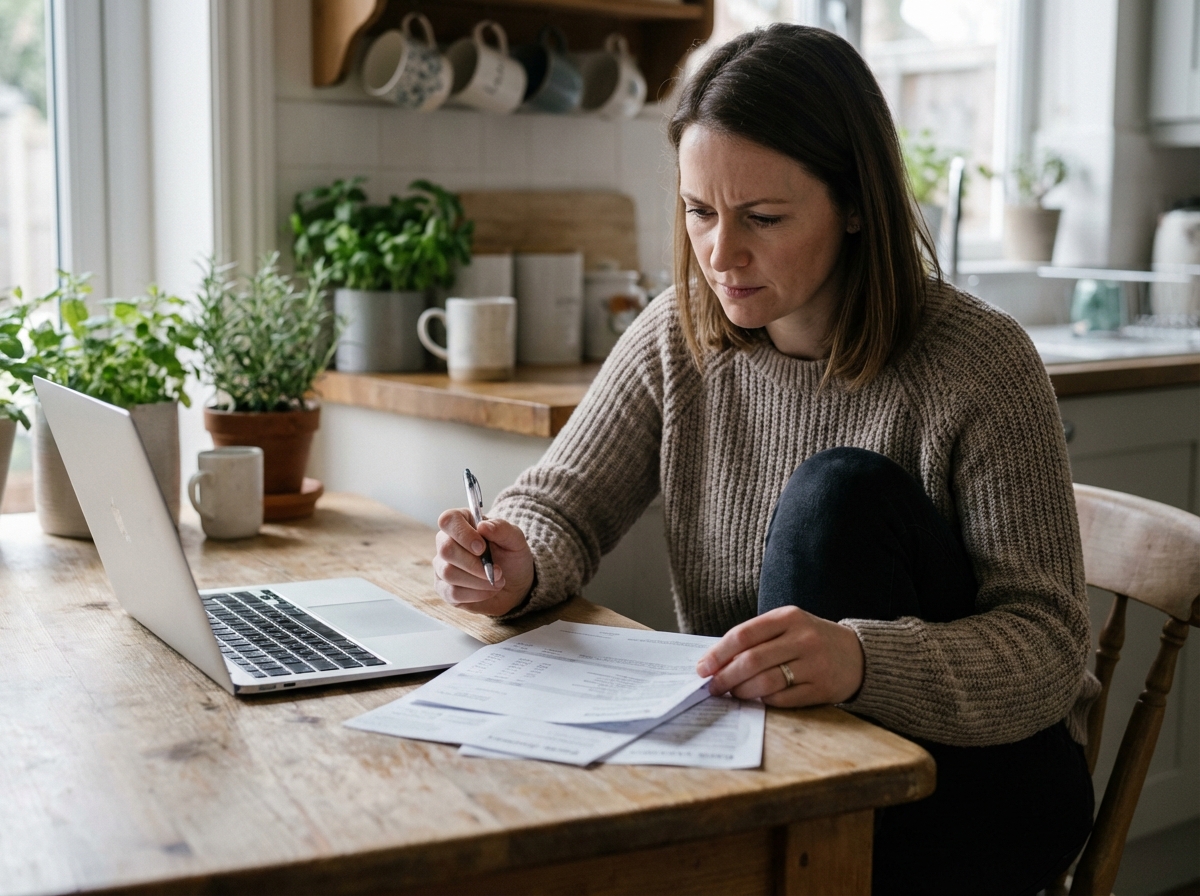 Femme en tenue casual examine ses finances à la maison