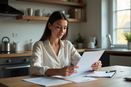 Femme lisant des documents dans une cuisine moderne